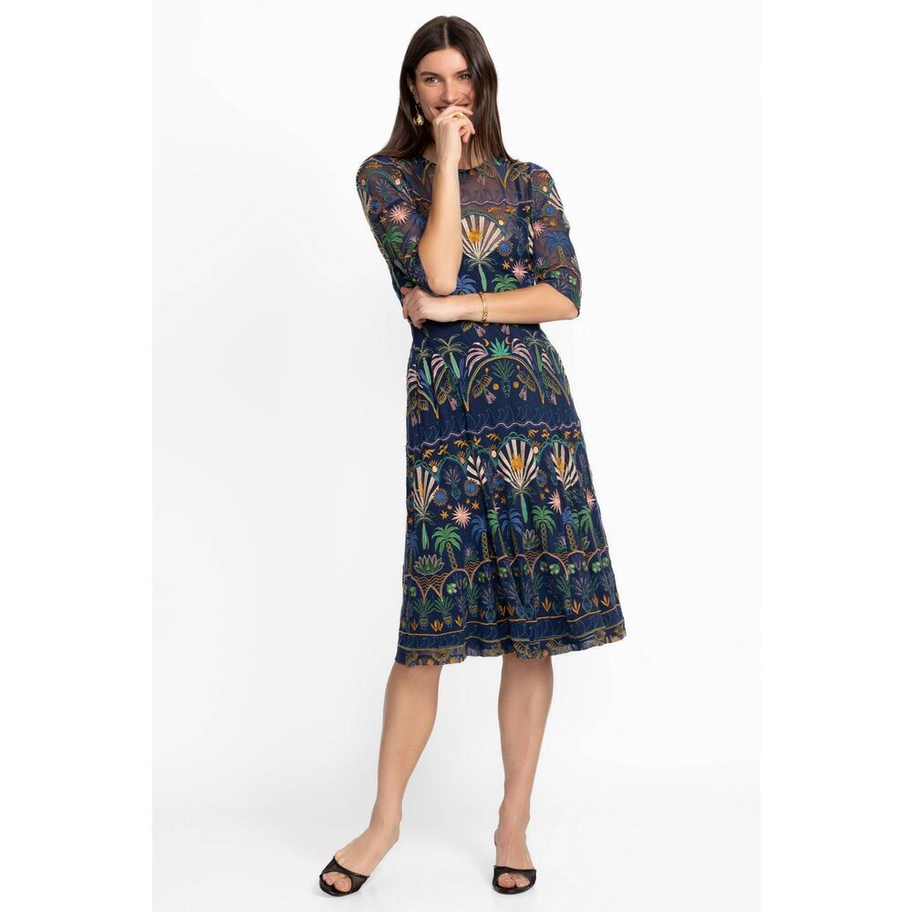 Johnny Was Women's Nova Paneled Midi Dress 3/4 Sleeves Blue Size Small NWT - Picture 2 of 16